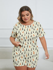 Cartoon Cat Print Tee & Shorts Pajama Set