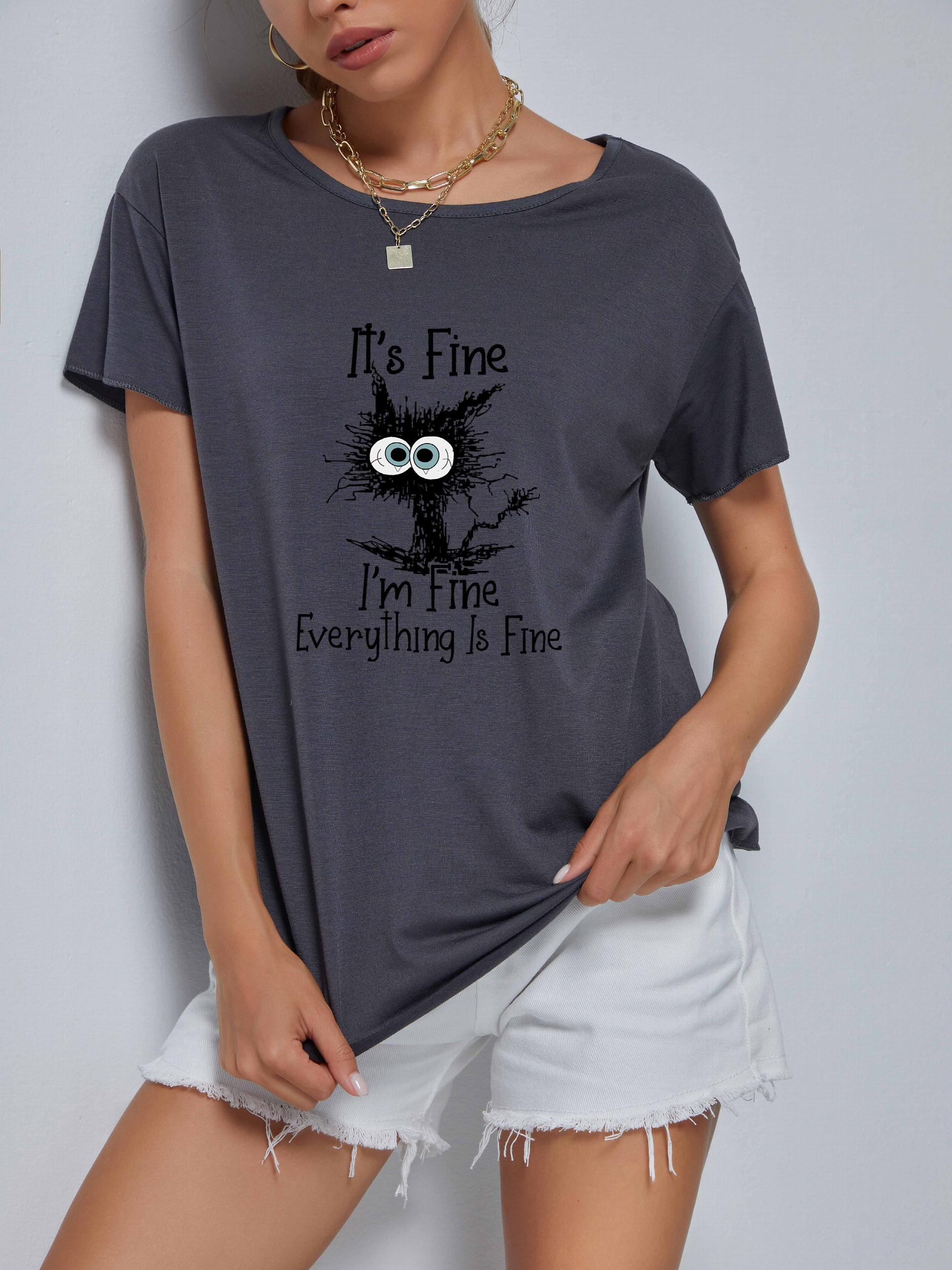 Cartoon Cat Print Short Sleeve T-shirt for Women