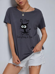 Cartoon Cat Print Short Sleeve T-shirt for Women