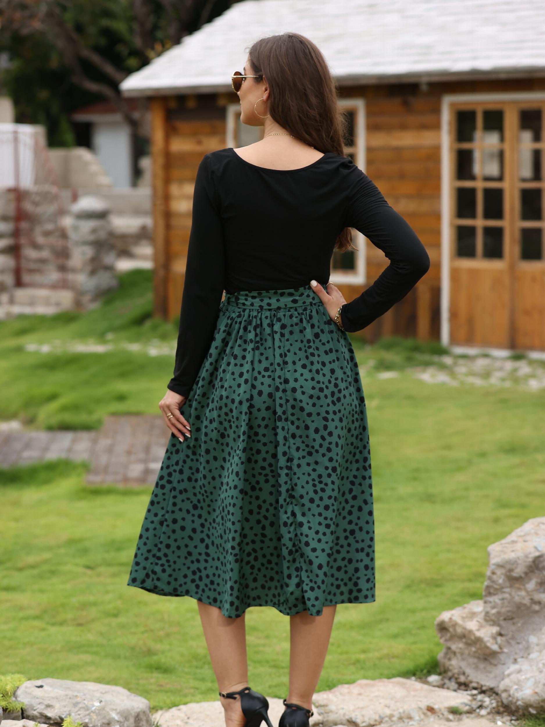 Casual Daily 2pc Set Crew Neck Long Sleeve Tops & Dalmatian Print Skirts