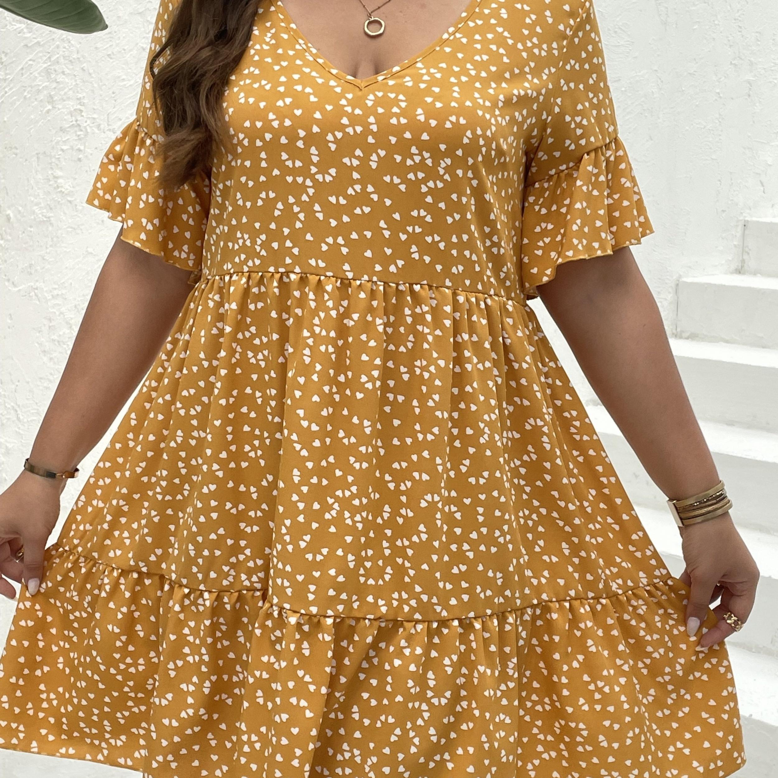 Heart Print Bell Sleeve V Neck Smock Dress