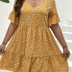 Heart Print Bell Sleeve V Neck Smock Dress