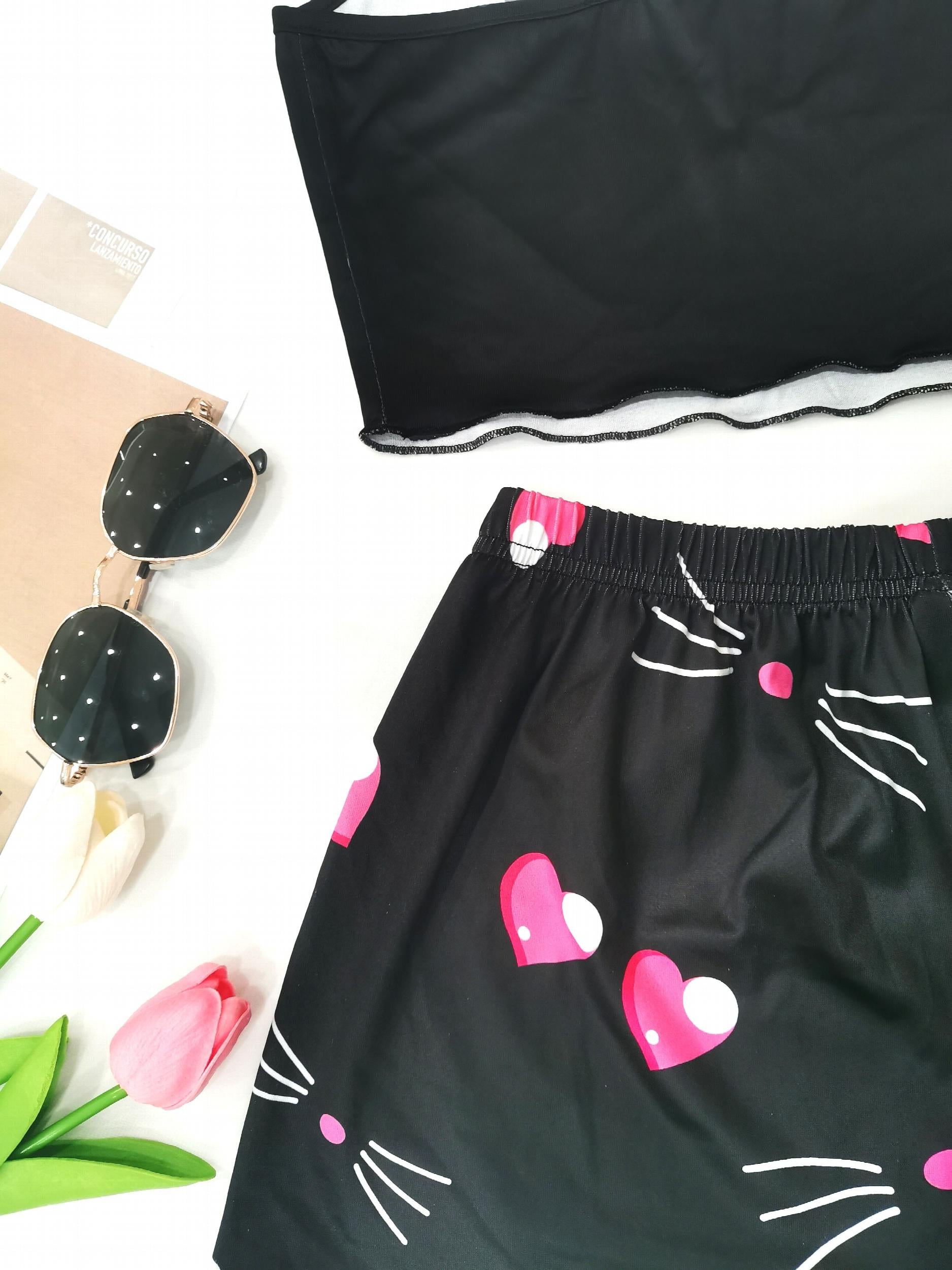 Cat Print Pajama Set Cami Top & Shorts