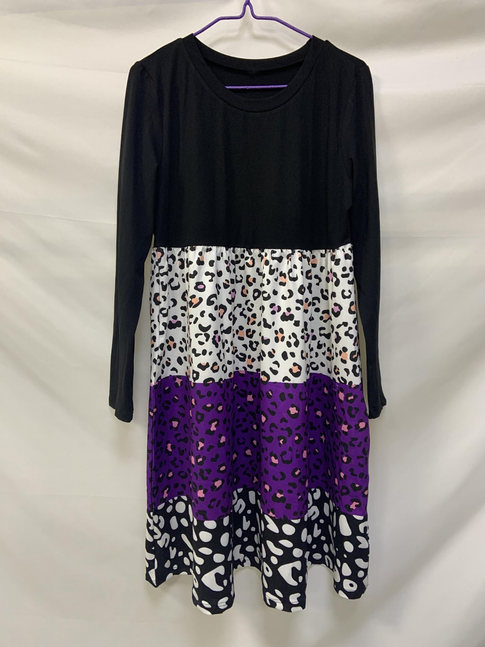 Colorblock Leopard Print Long Sleeve Round Neck Knee Length Dress