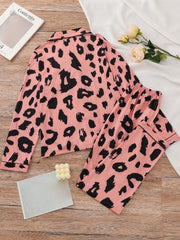 Leopard Print Pajama Set Long Sleeve Top & Pants Women's Sleepwear