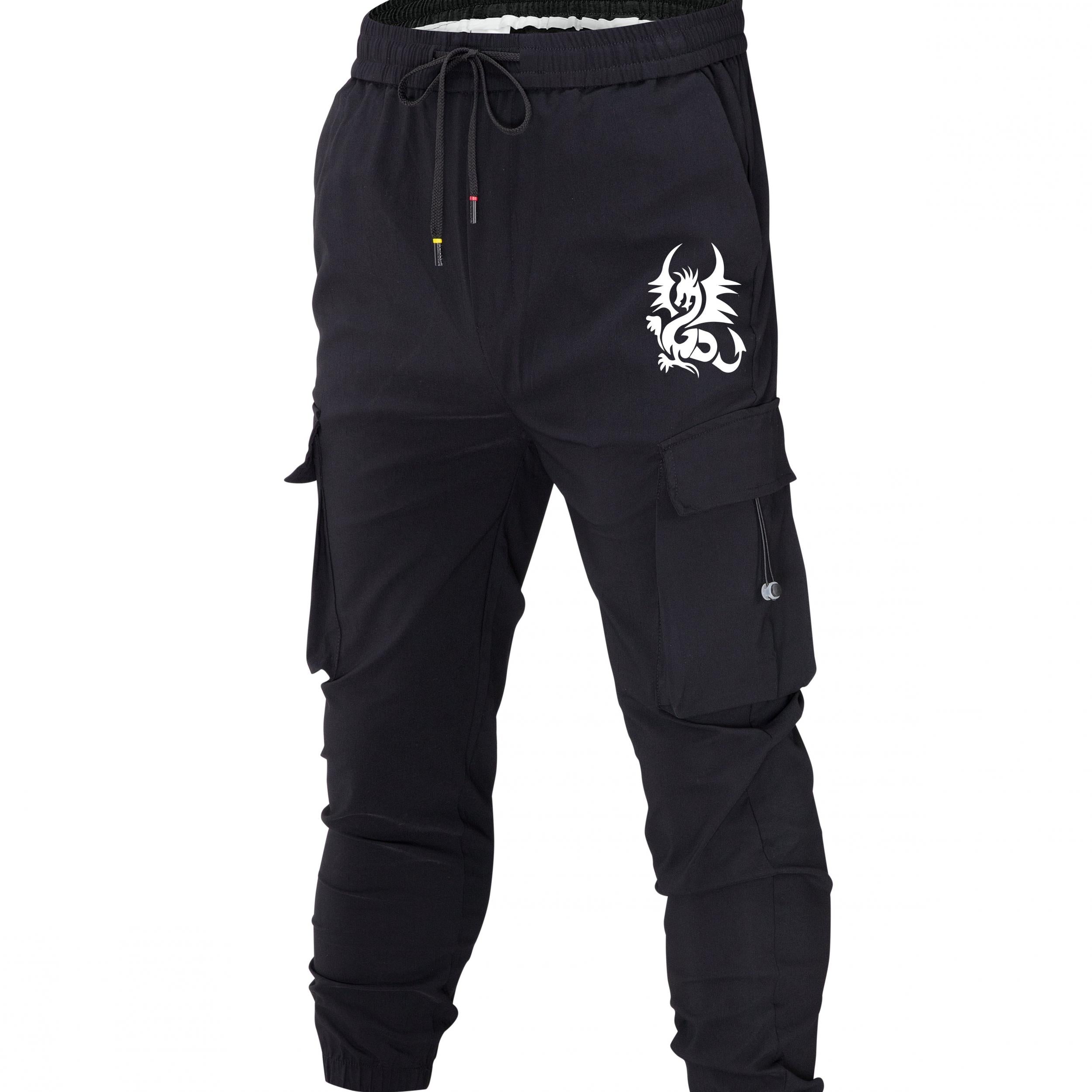 Dragon Print Cargo Pants Men Casual Drawstring Joggers Summer Autumn