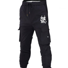Dragon Print Cargo Pants Men Casual Drawstring Joggers Summer Autumn