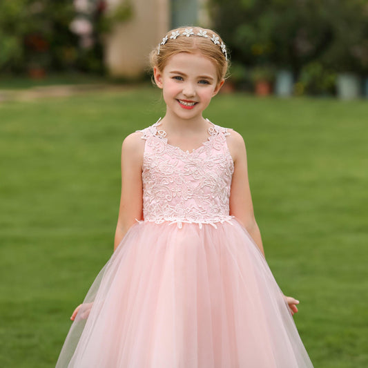 Grace Lace Strappy Sleeveless Tulle Flower Girl Dress for Party Wedding