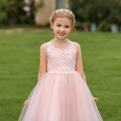 Grace Lace Strappy Sleeveless Tulle Flower Girl Dress for Party Wedding