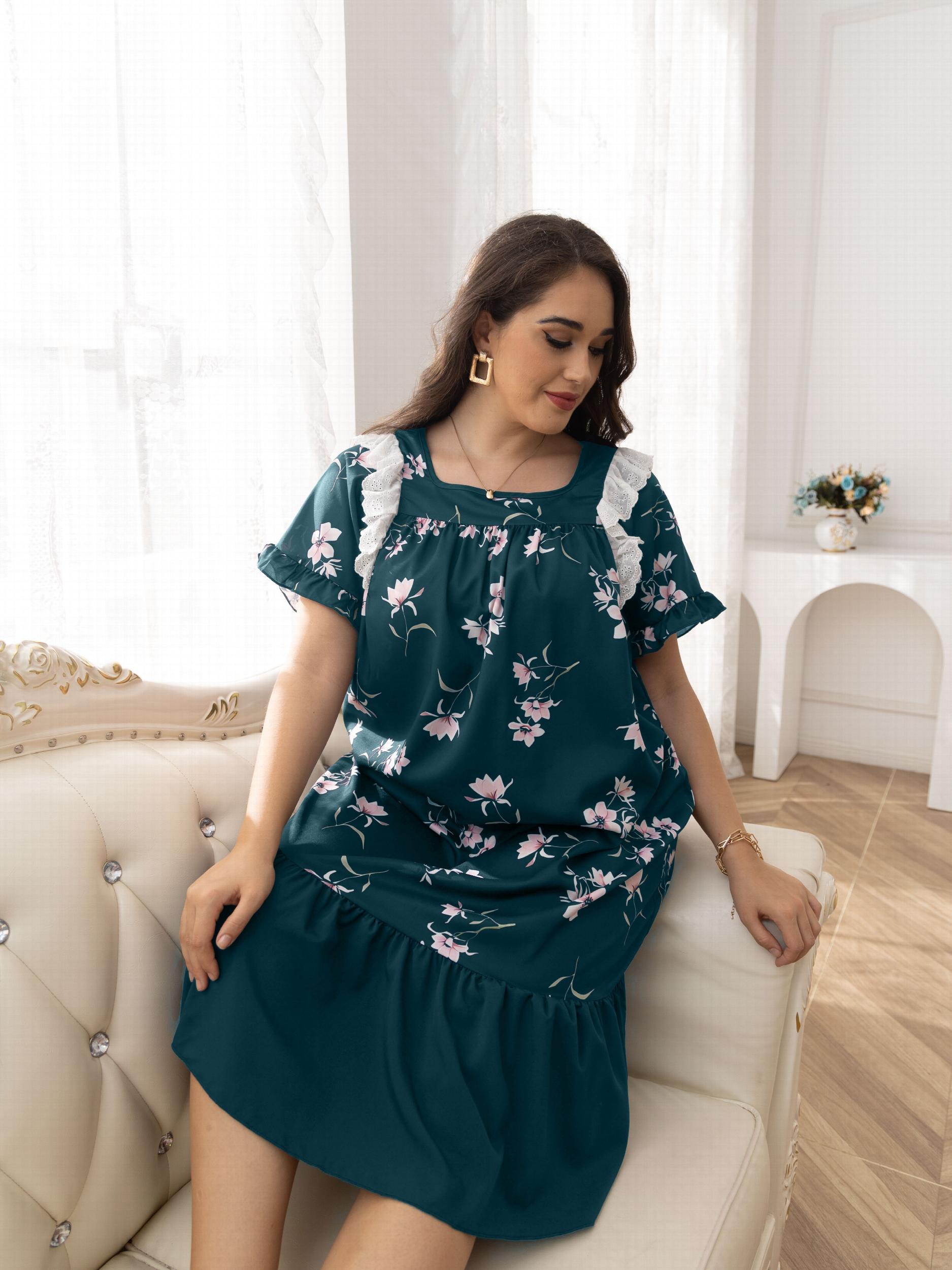 Nightdress Women's Plus Floral Print Lace Trim Short Sleeve