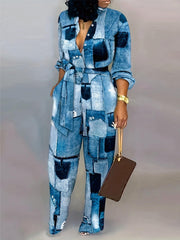 Denim Print Button Up Long Sleeve Wide Leg Jumpsuit