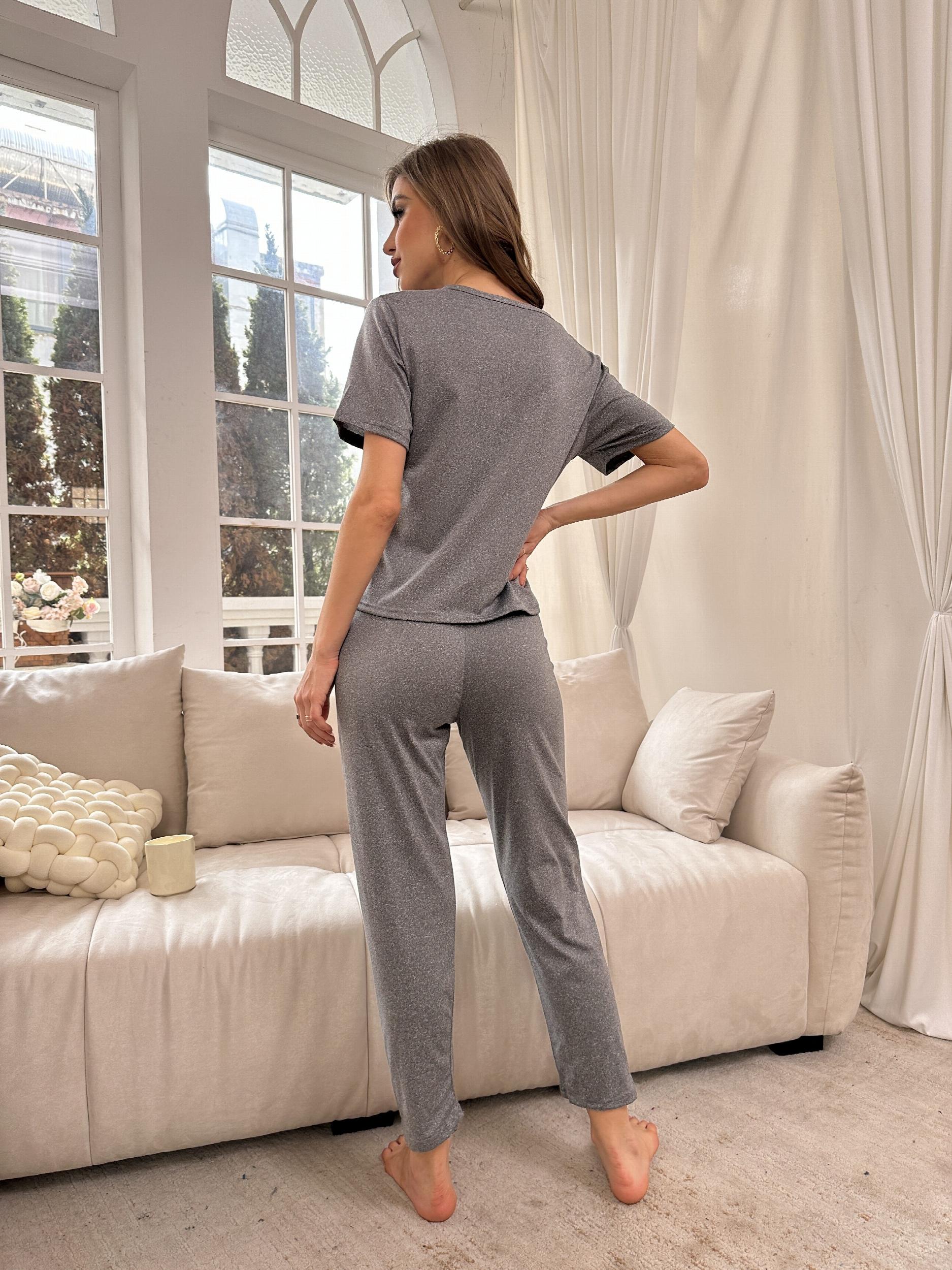 Letter Print Pajama Set Short Sleeve Top & Pants Women's Sleepwear