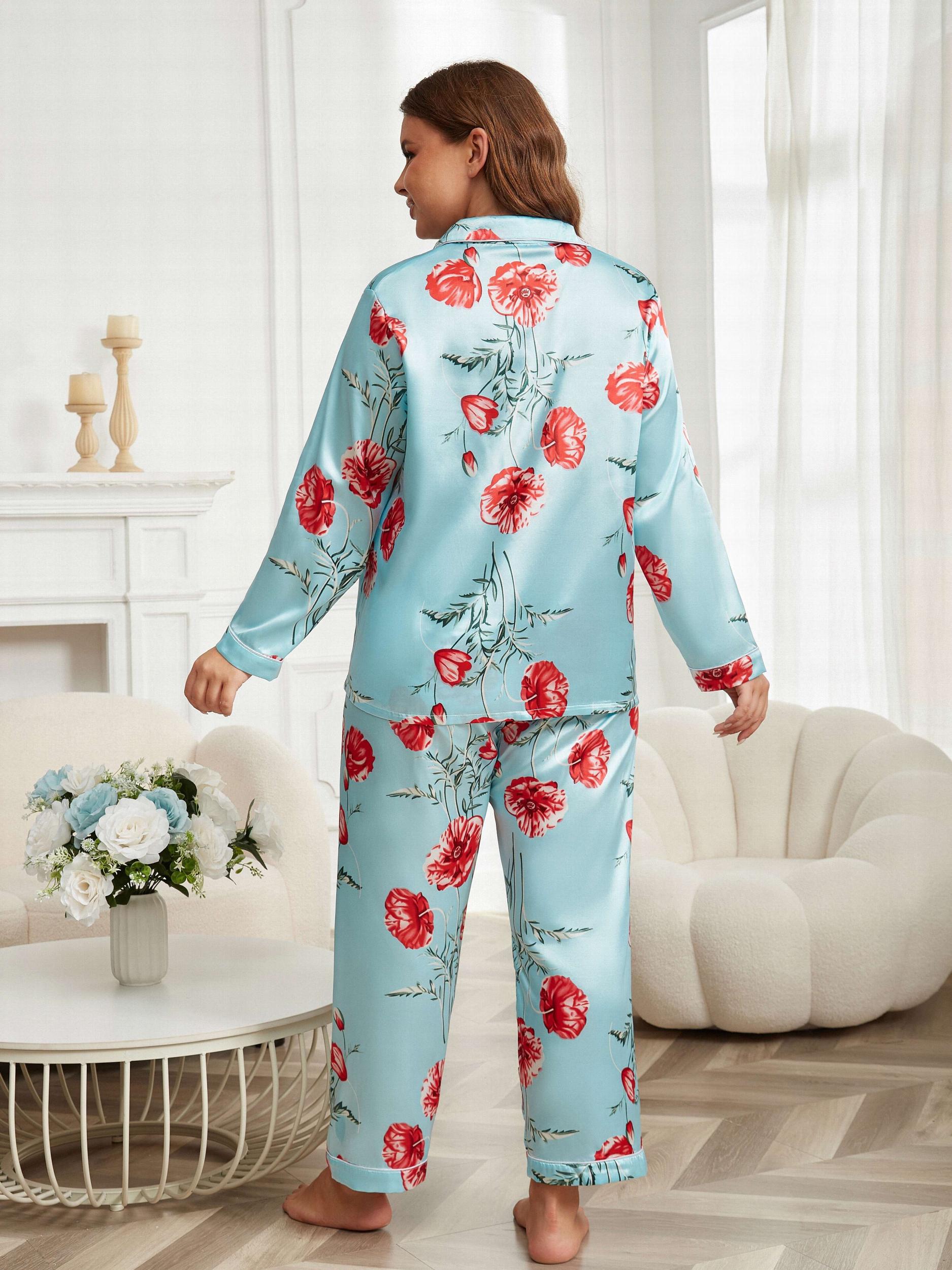 Satin Floral Print Pajama Set Long Sleeve Shirt & Pants Two Piece