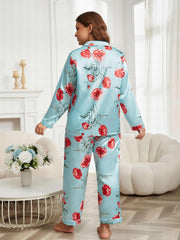 Satin Floral Print Pajama Set Long Sleeve Shirt & Pants Two Piece
