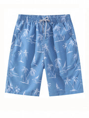 Coconut Palm & Dog Pattern Beach Shorts Men's Quick Drying Waist Drawstring Shor