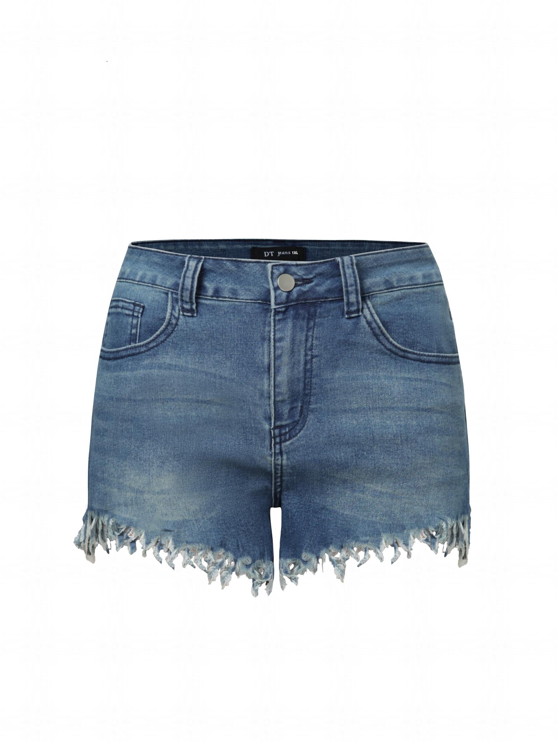 Casual Denim Shorts Women's Plus Washed Button Fly Fringe Trim