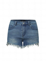 Casual Denim Shorts Women's Plus Washed Button Fly Fringe Trim
