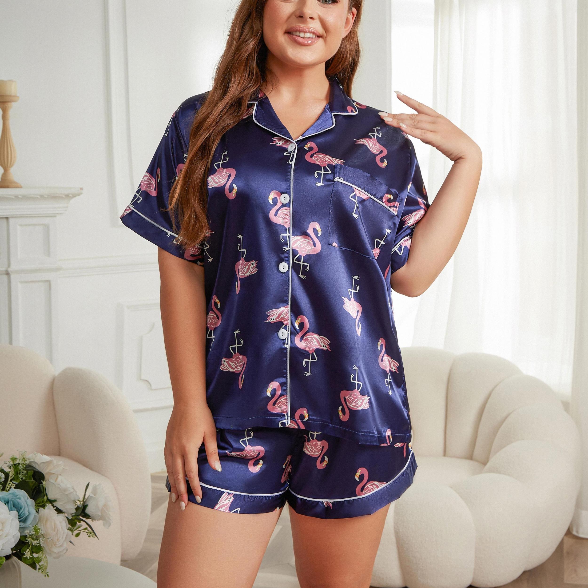 Satin Flamingo Print Pajama Set Button Up Shirt & Shorts