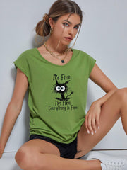 Cartoon Cat V-Neck Short Sleeve T-Shirt for Women