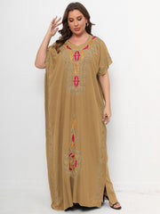 Kaftan Dress Women's Plus Floral Embroidered Batwing Sleeve V Neck