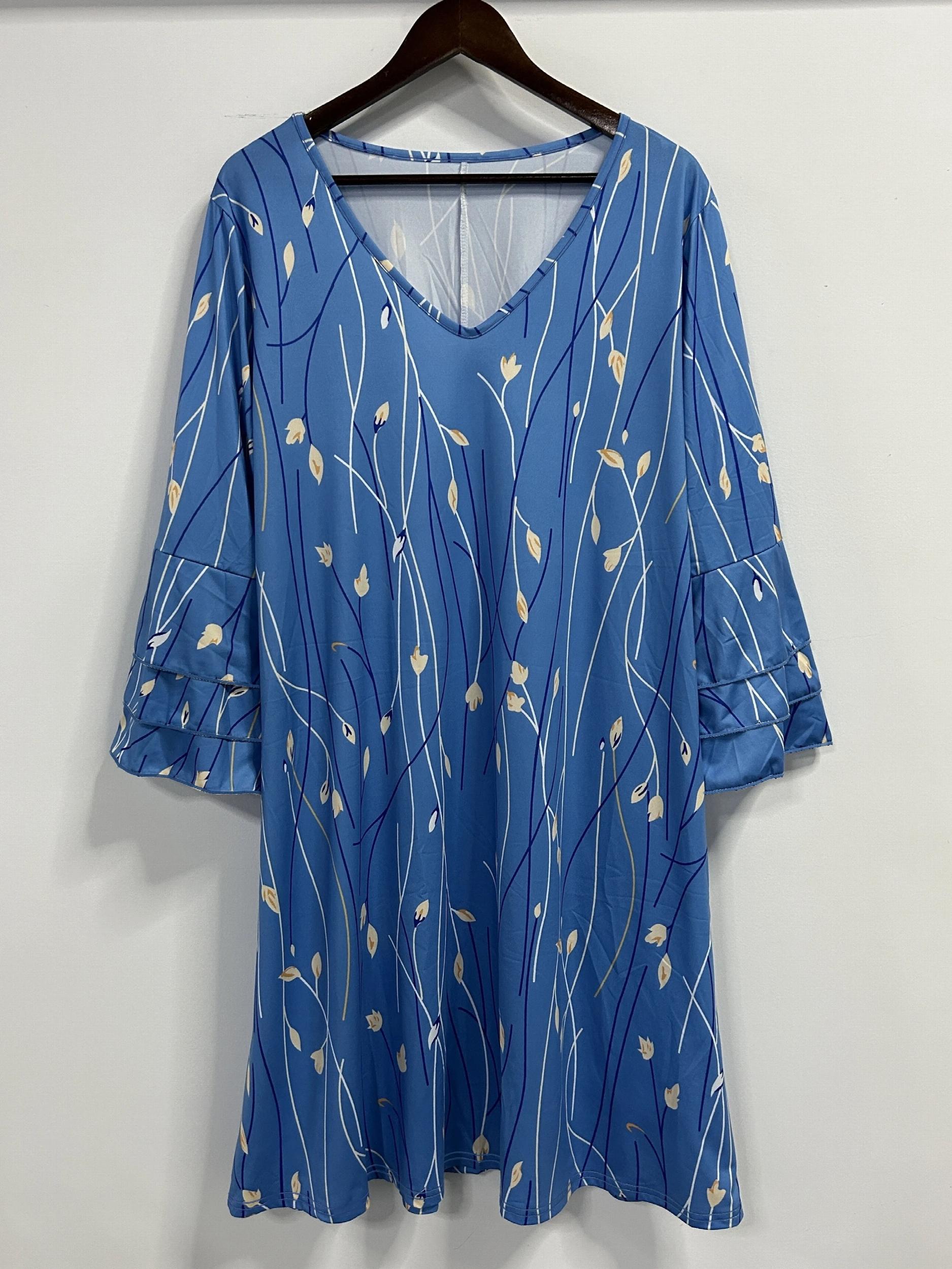 Women's Plus Floral Print Layered Bell Sleeve V Neck Mini Dress