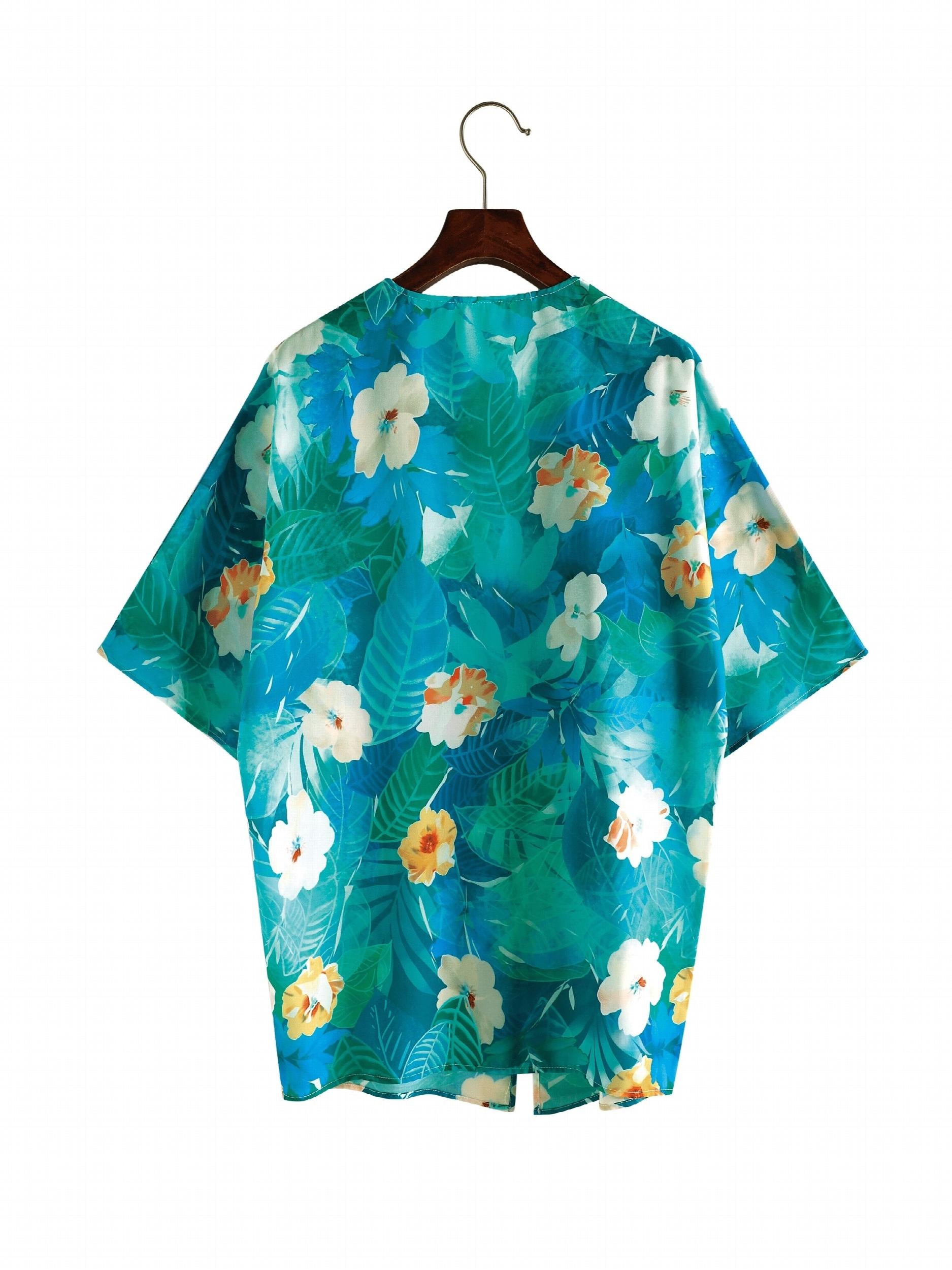 Floral Print V Neck Cover Up Shirt Loose Fit Non Stretch Half Sleeves Cardigan