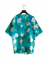 Floral Print V Neck Cover Up Shirt Loose Fit Non Stretch Half Sleeves Cardigan