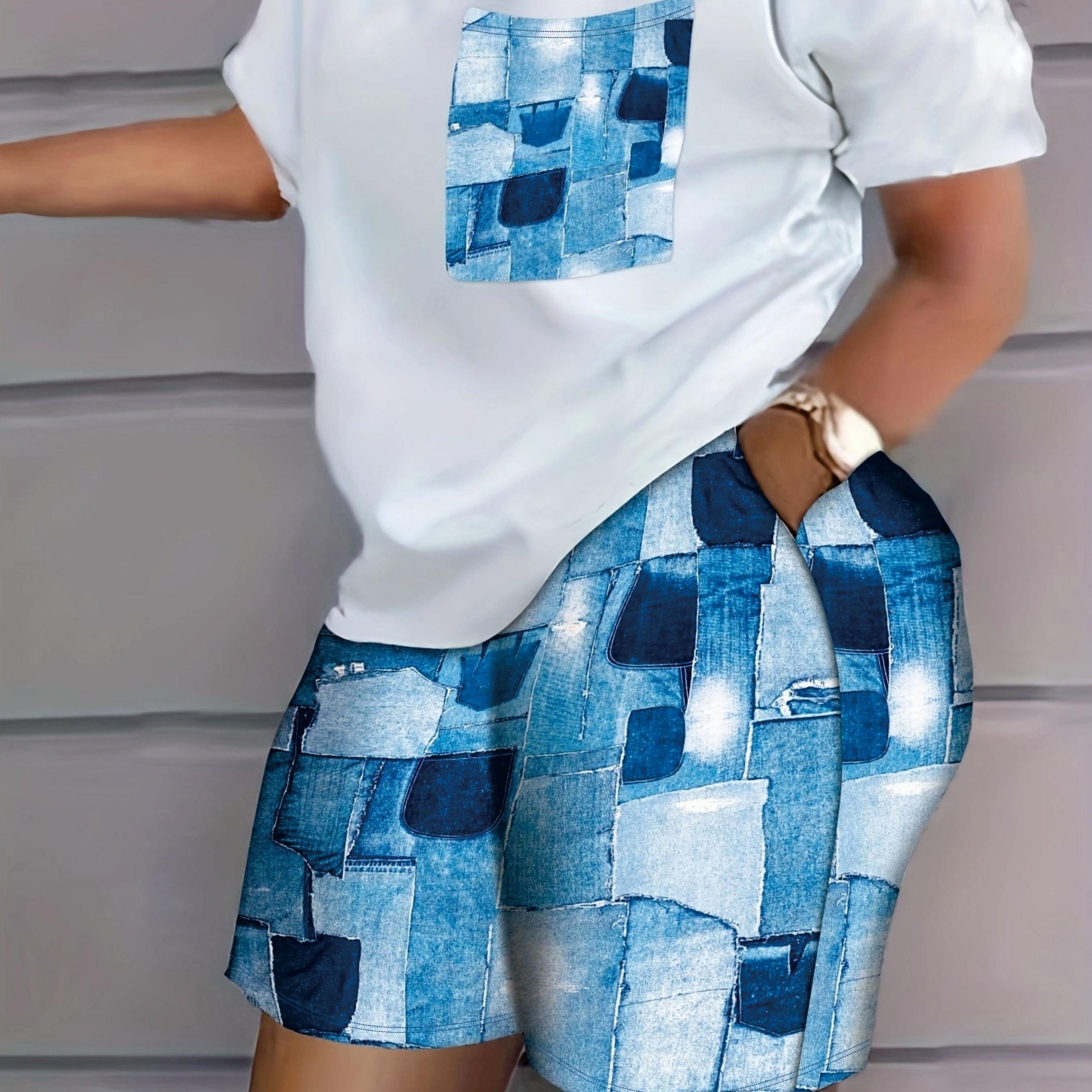 Casual Outfits Two Piece Set Women's Plus Print Top & Short Set