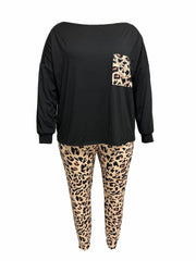 Leopard Print Plus Size Loungewear Set Long Sleeve Tee & Pants Pajama