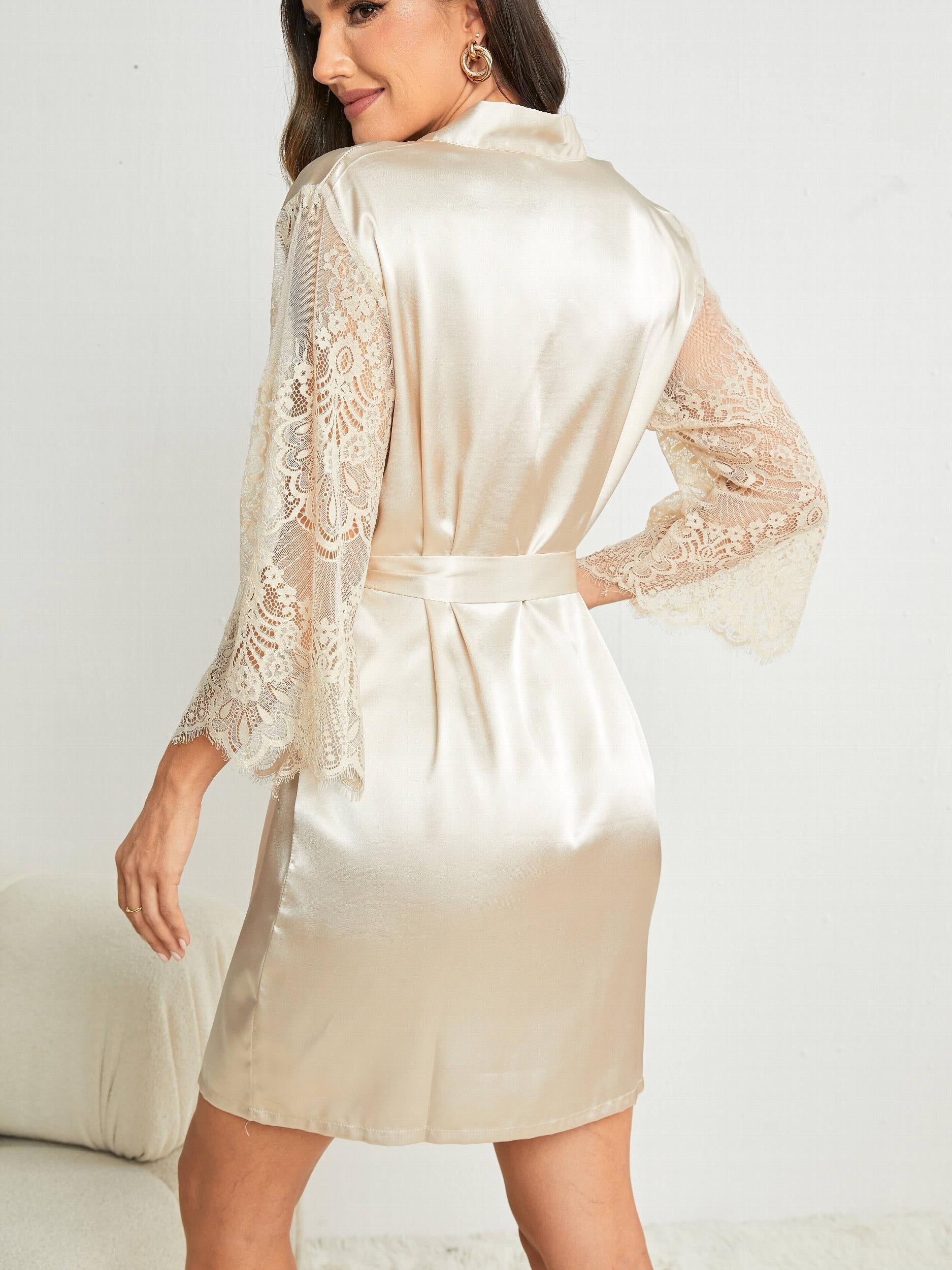 Lace Satin Night Robe Long Sleeve V Neck Belt Sleepwear