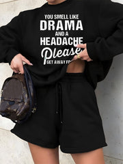 Slogan Print Fleece Pullover Top & Drawstring Shorts Outfit Set