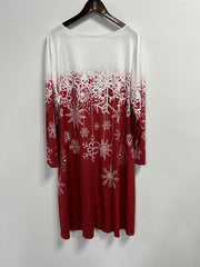 Snowflake Print Long Sleeve V Neck Knee Length Dress