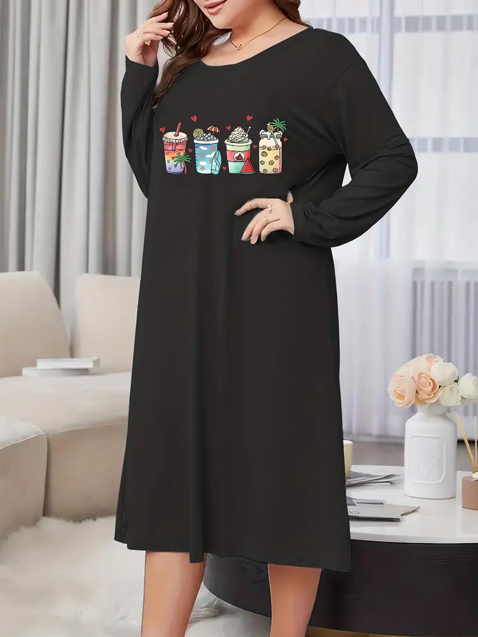 Plus Tropical Drinks & Heart Print Long Sleeve Tee Sleep Dress