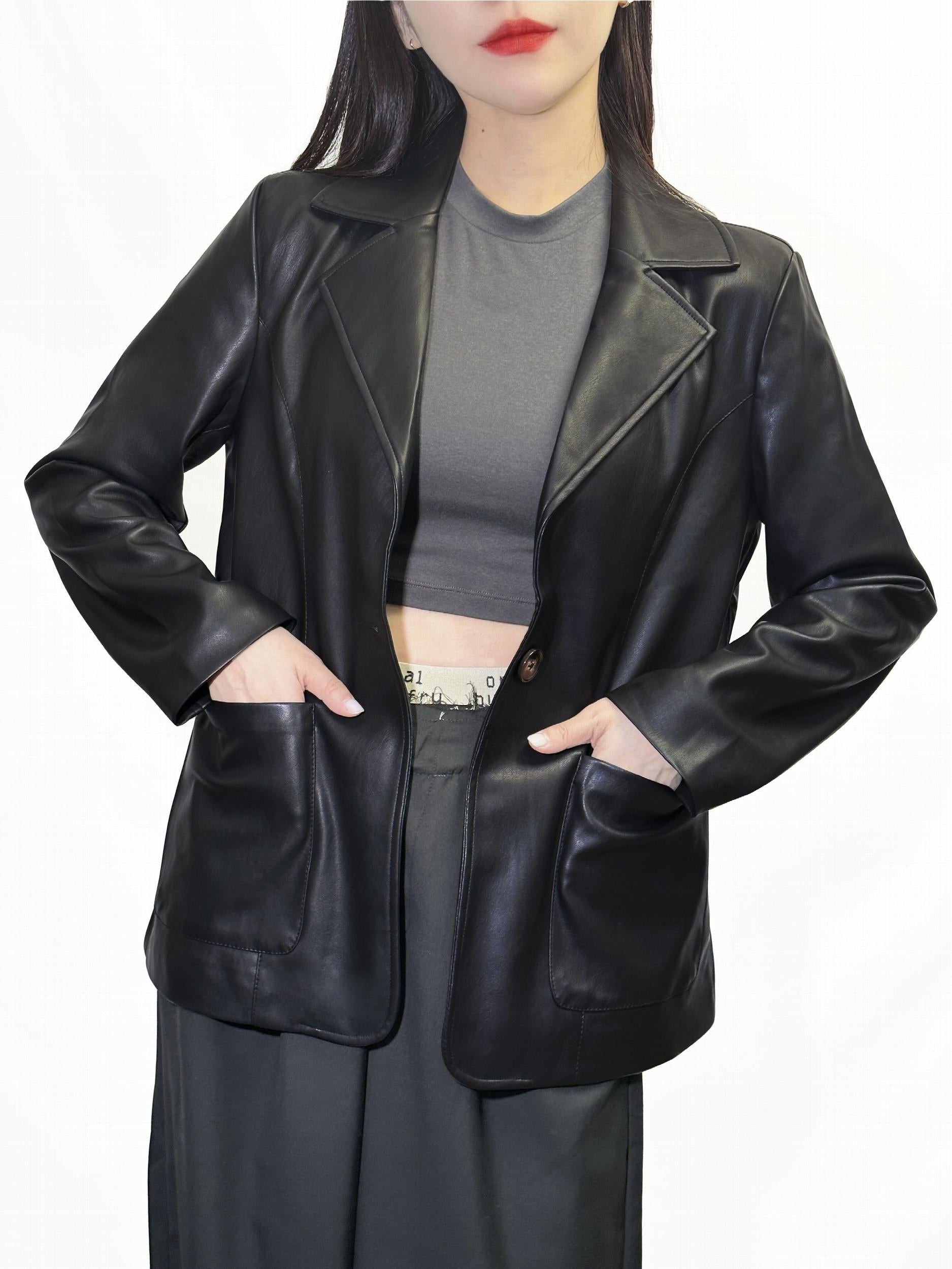 PU Leather One Button Blazer Long Sleeve Work Outerwear