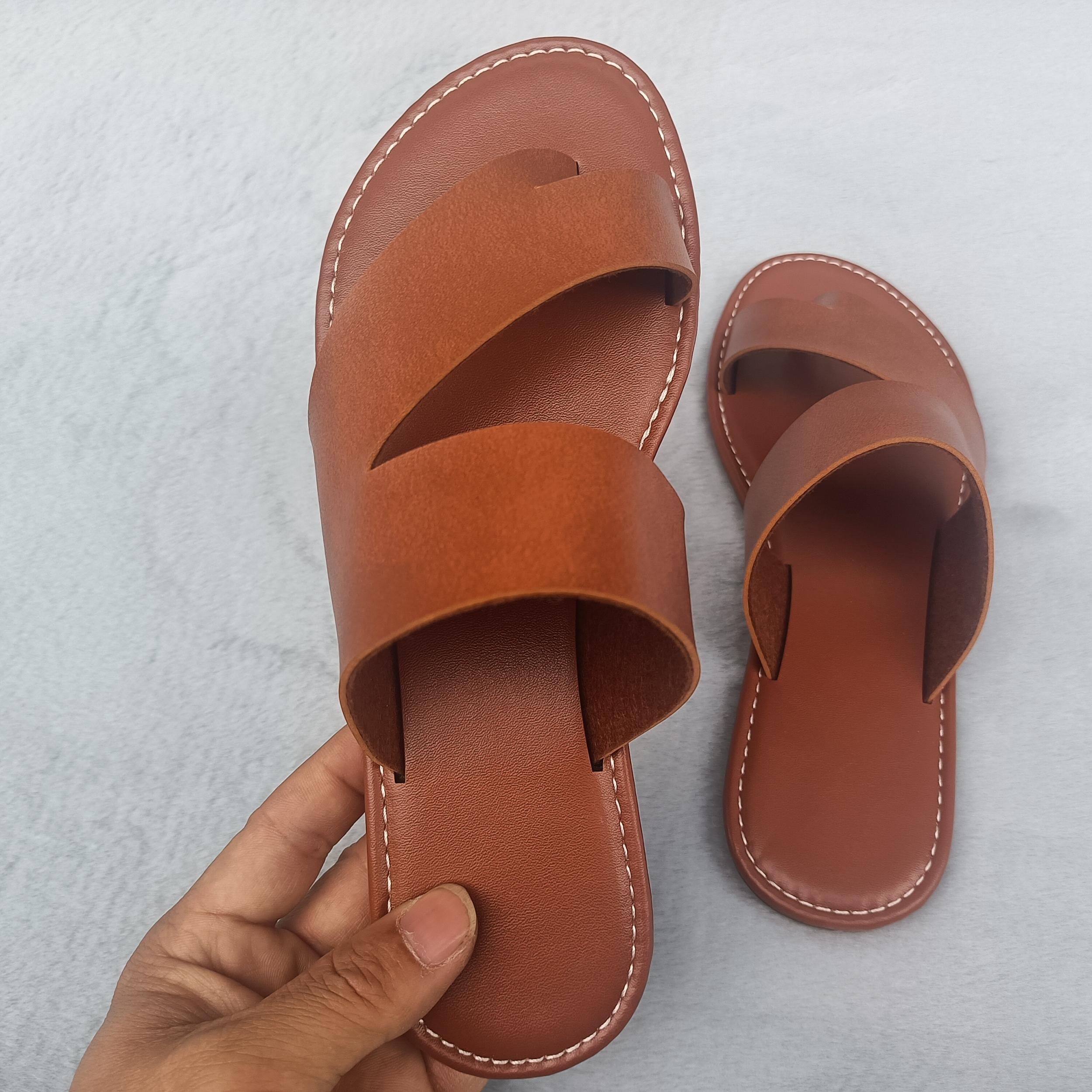 Women's Toe Loop Flat Slides Roman Style Non Slip Shoes