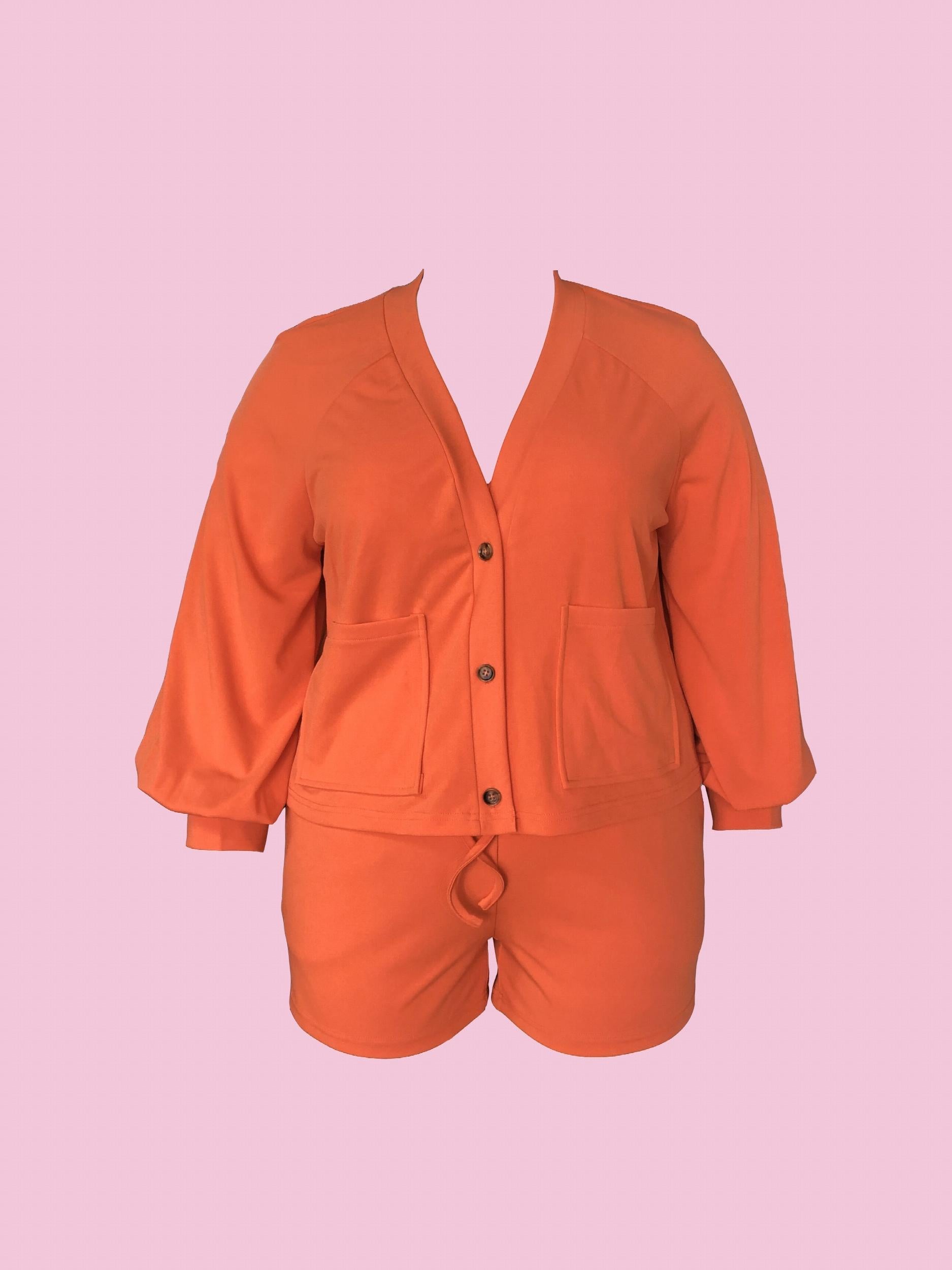 Solid Button Up Cardigan & Shorts 2 Piece Set