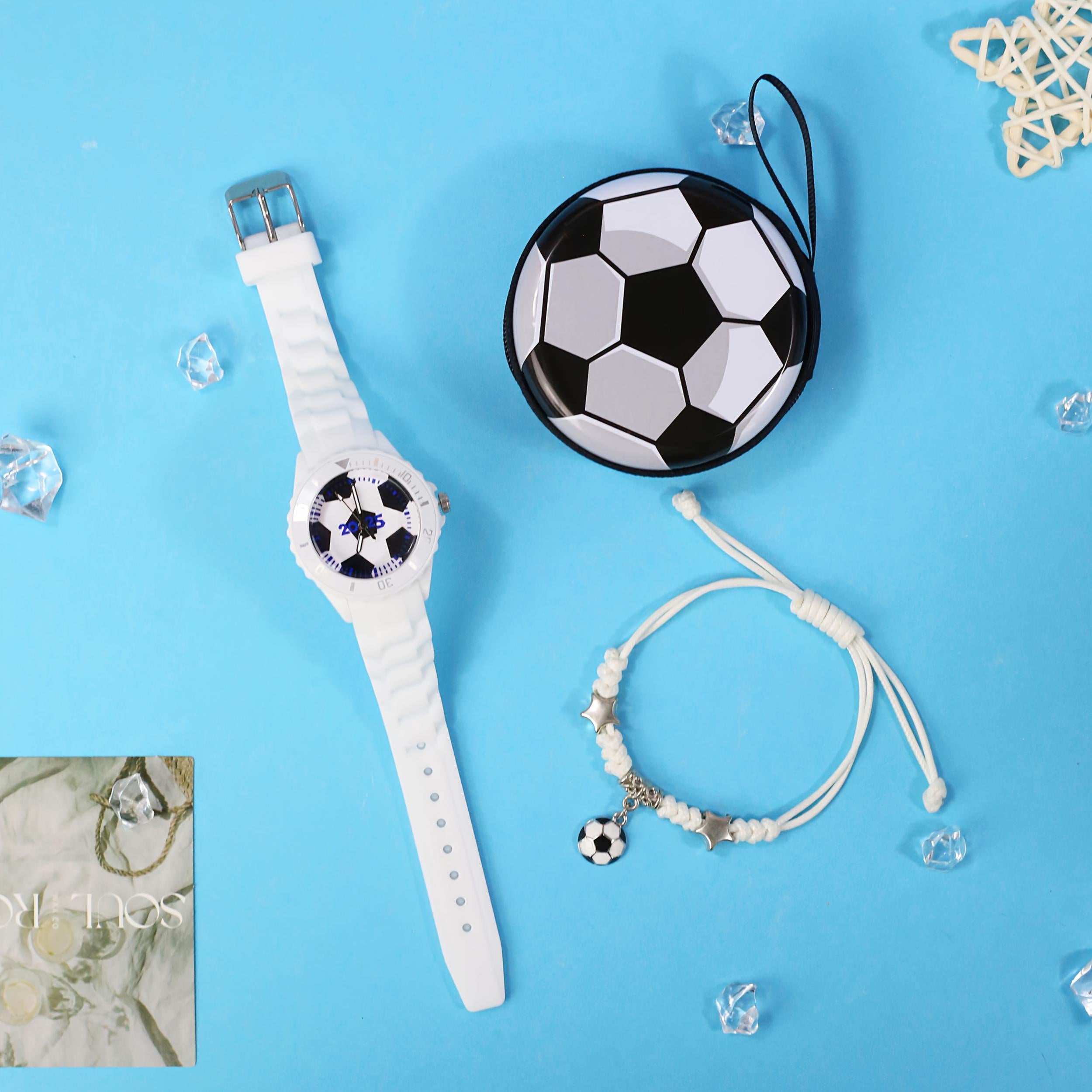 3pcs Boys' Quartz Watch Set Sports Style Soft Silicone Strap Football Watch
