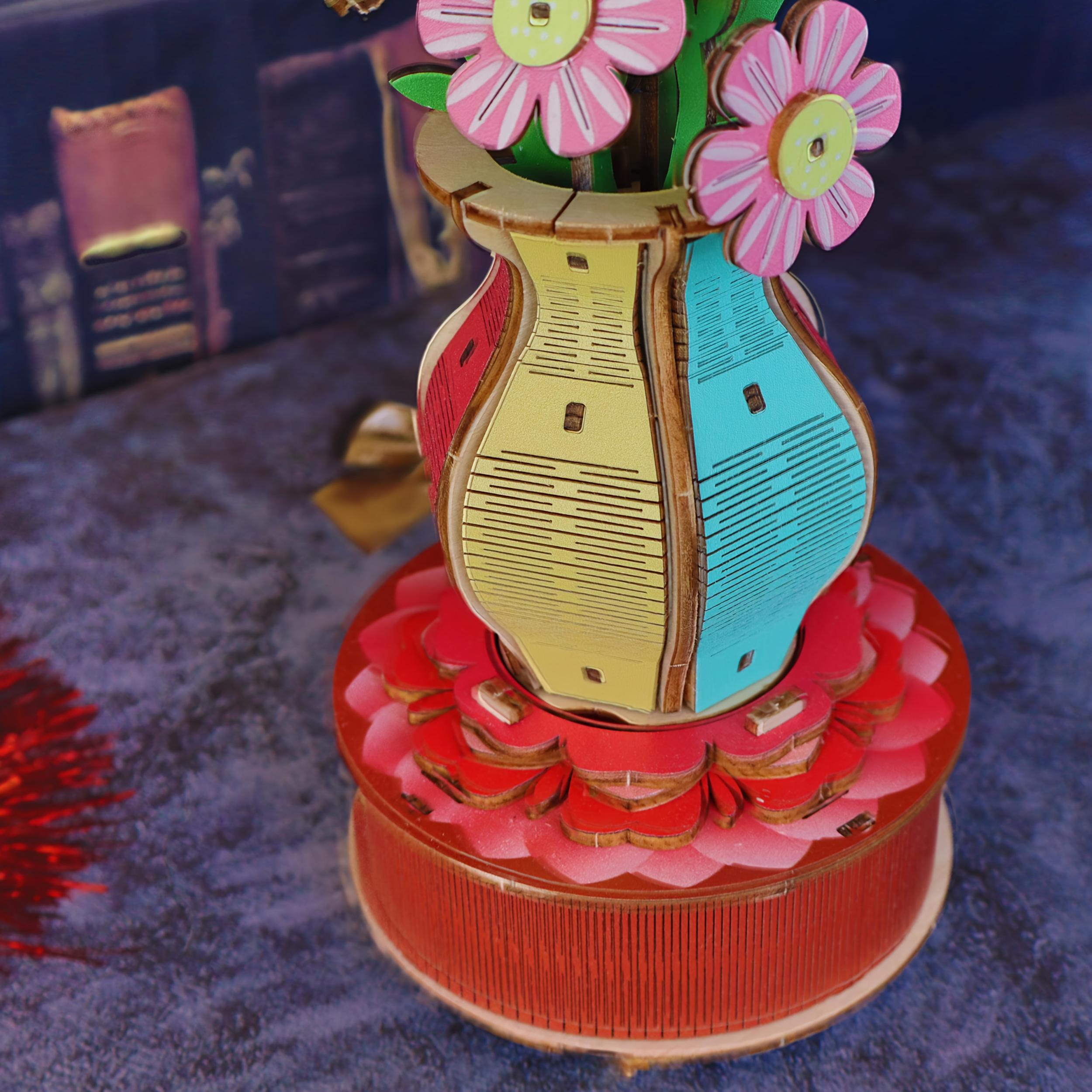 Wooden Puzzle Model Vase Music Box - 3D DIY Building Blocks Flower Ornament