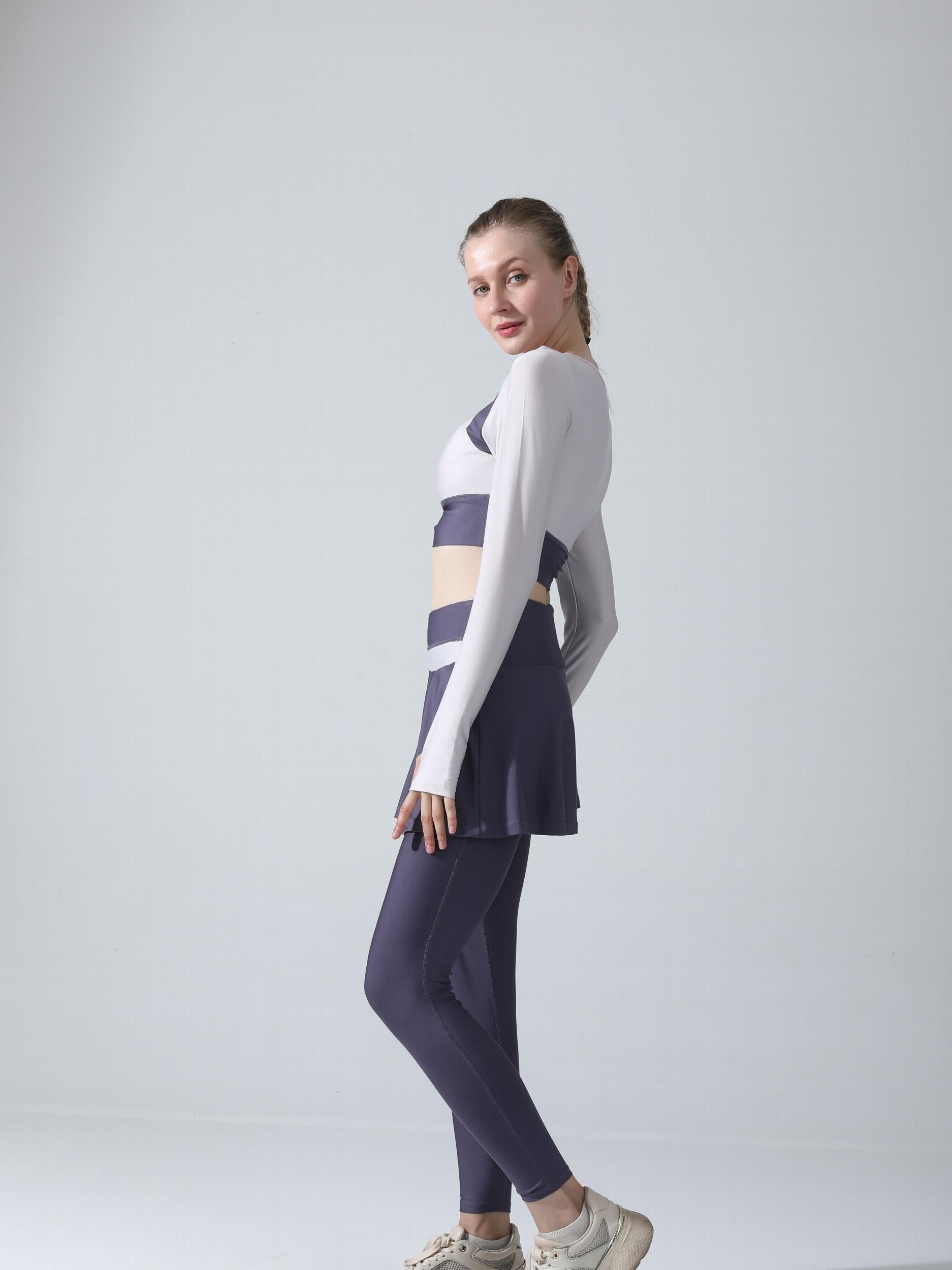 2pcs Block Yoga Sports Set Long Sleeve Thumb Hole Shirt & Skorts Leggings