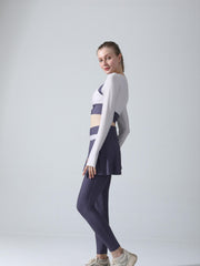 2pcs Block Yoga Sports Set Long Sleeve Thumb Hole Shirt & Skorts Leggings