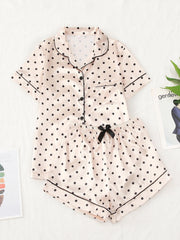 Polka Dot Satin Pajama Set Short Sleeve Top & Bow Shorts