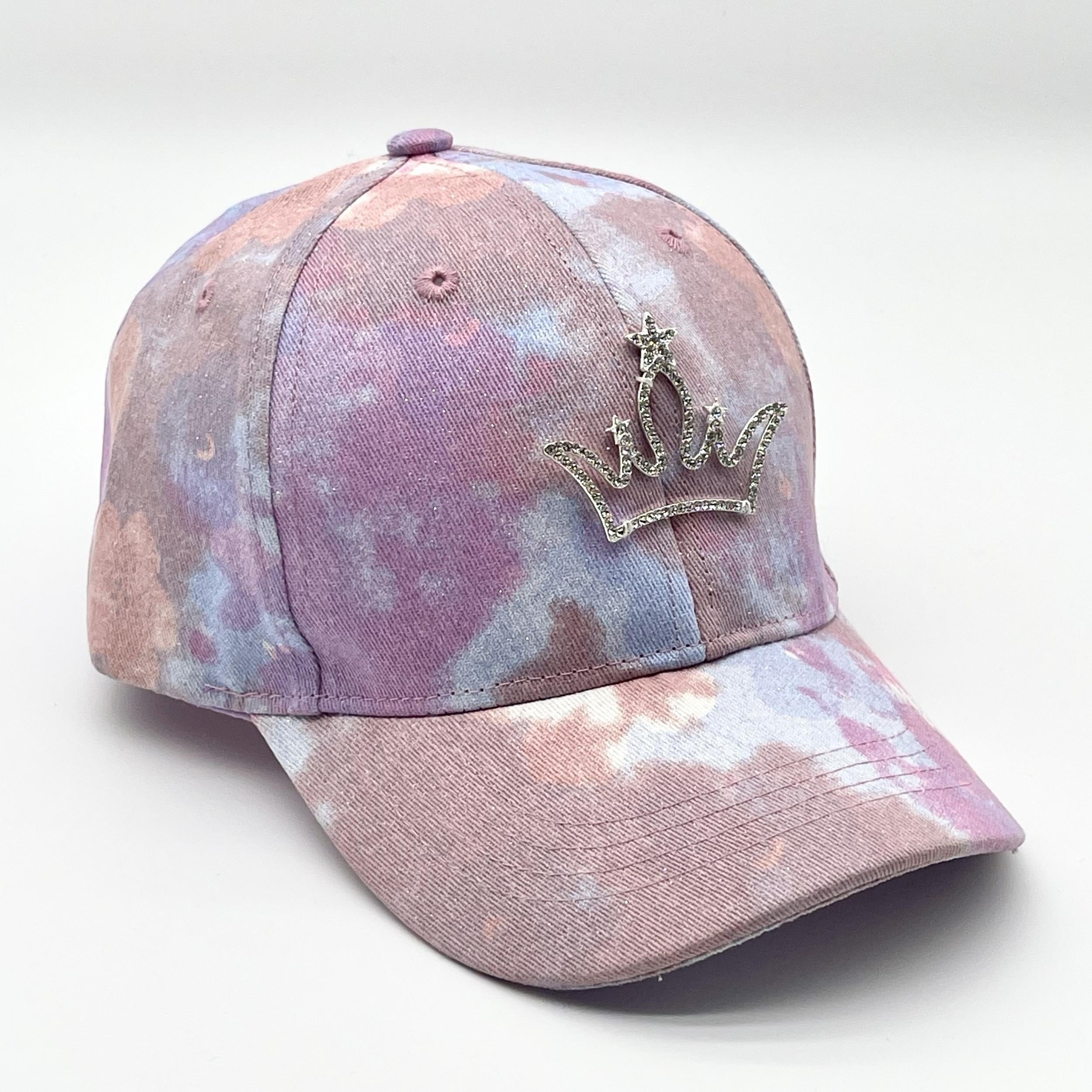 Pink Tie Dye Print Baseball Cap with Rhinestone Crown Decoration