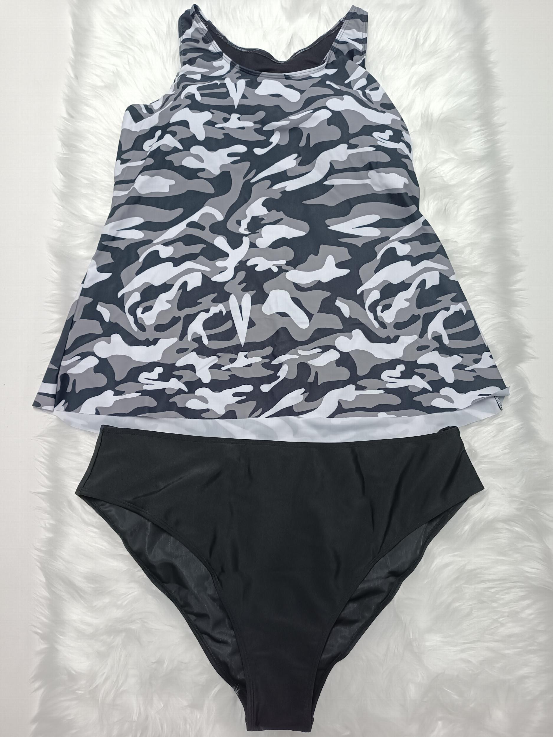Camo Print Tankini Set Women's Racer Back Swimsuit Two Piece