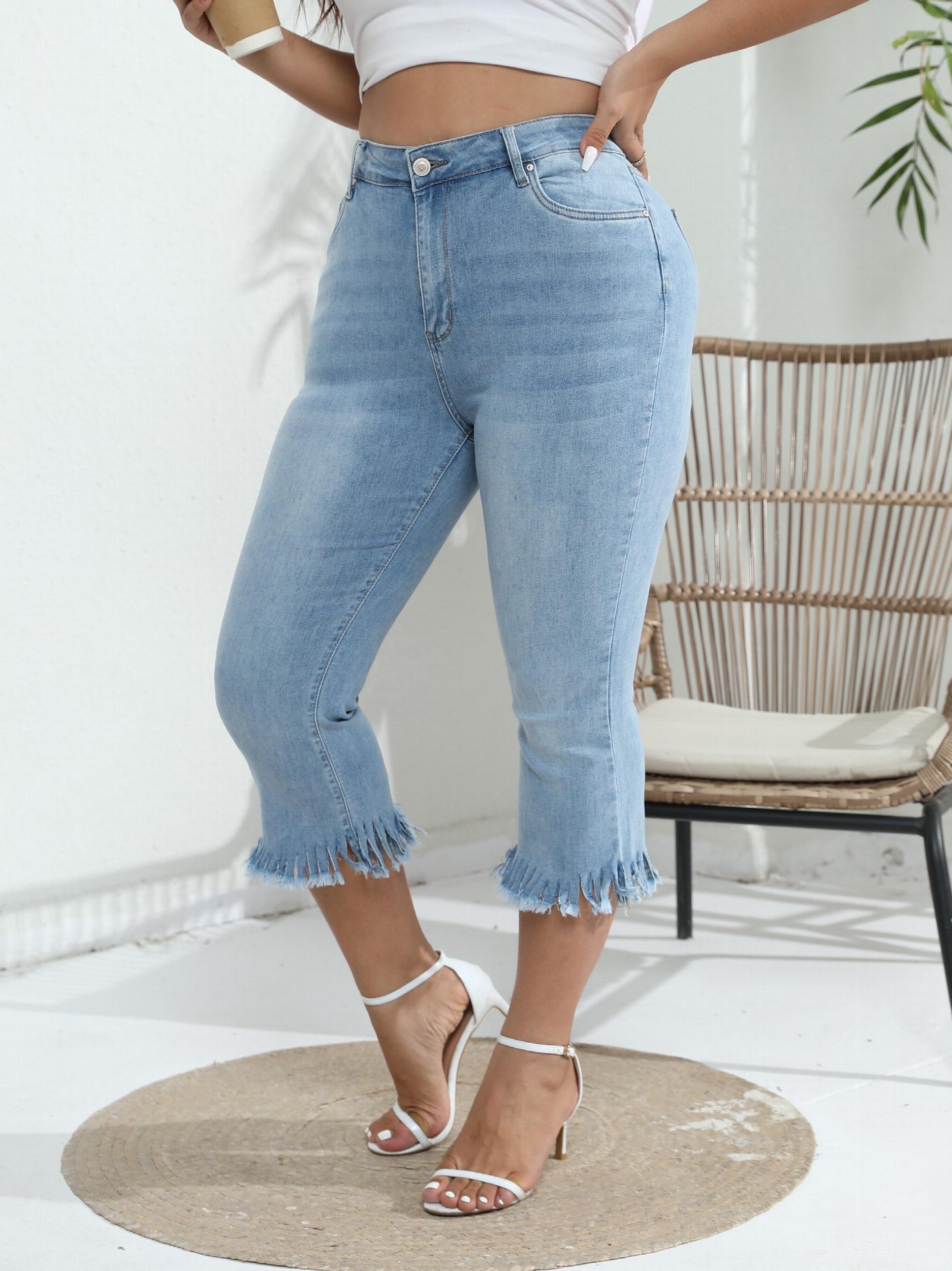 Solid Fringe Trim High Stretch Cropped Jeans