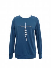 Faith Letter Print Sweatshirt Crew Neck Long Sleeve Women's Clothing