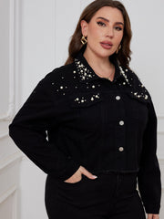 Casual Denim Top Women's Plus Solid Button Up Long Sleeve
