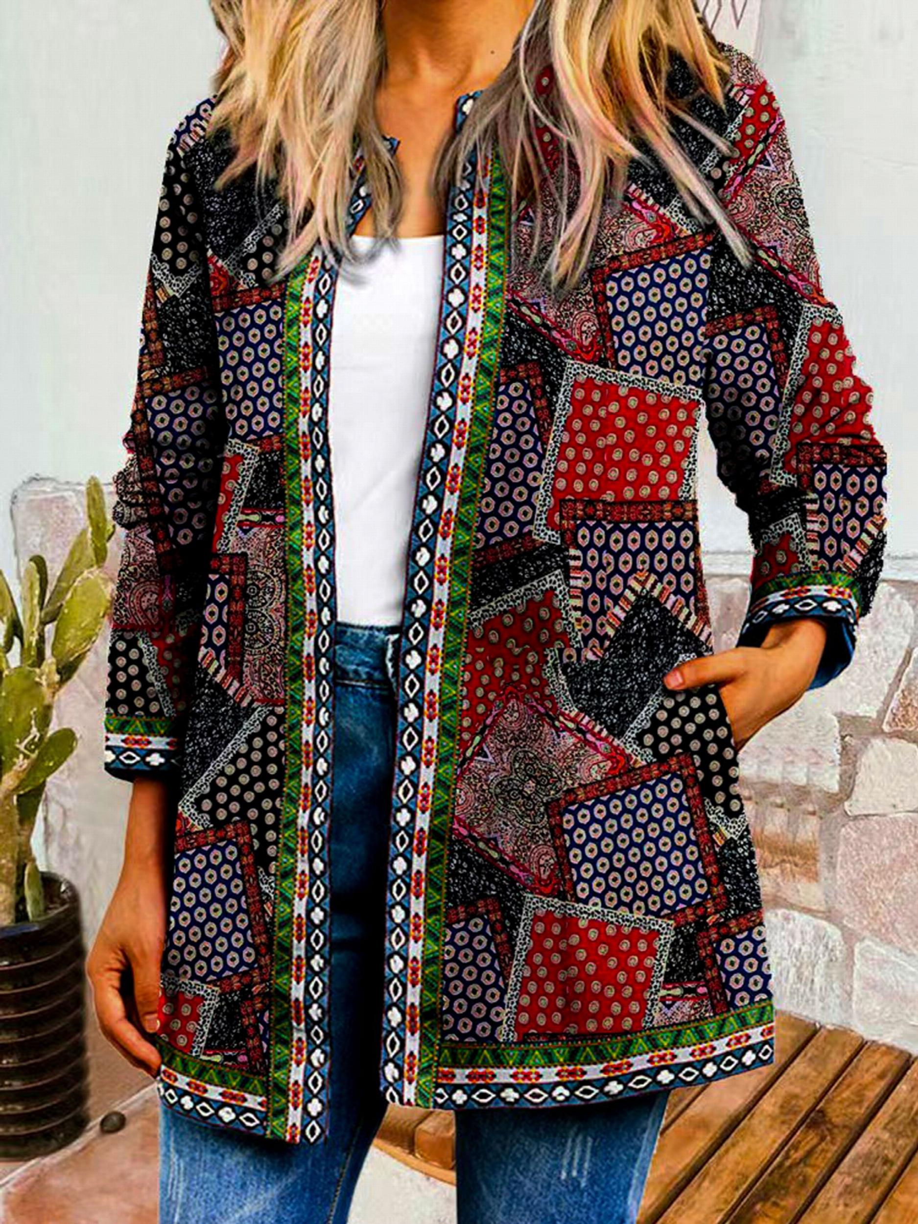 Graphic Print Open Front Jacket Casual Long Sleeve Jacket