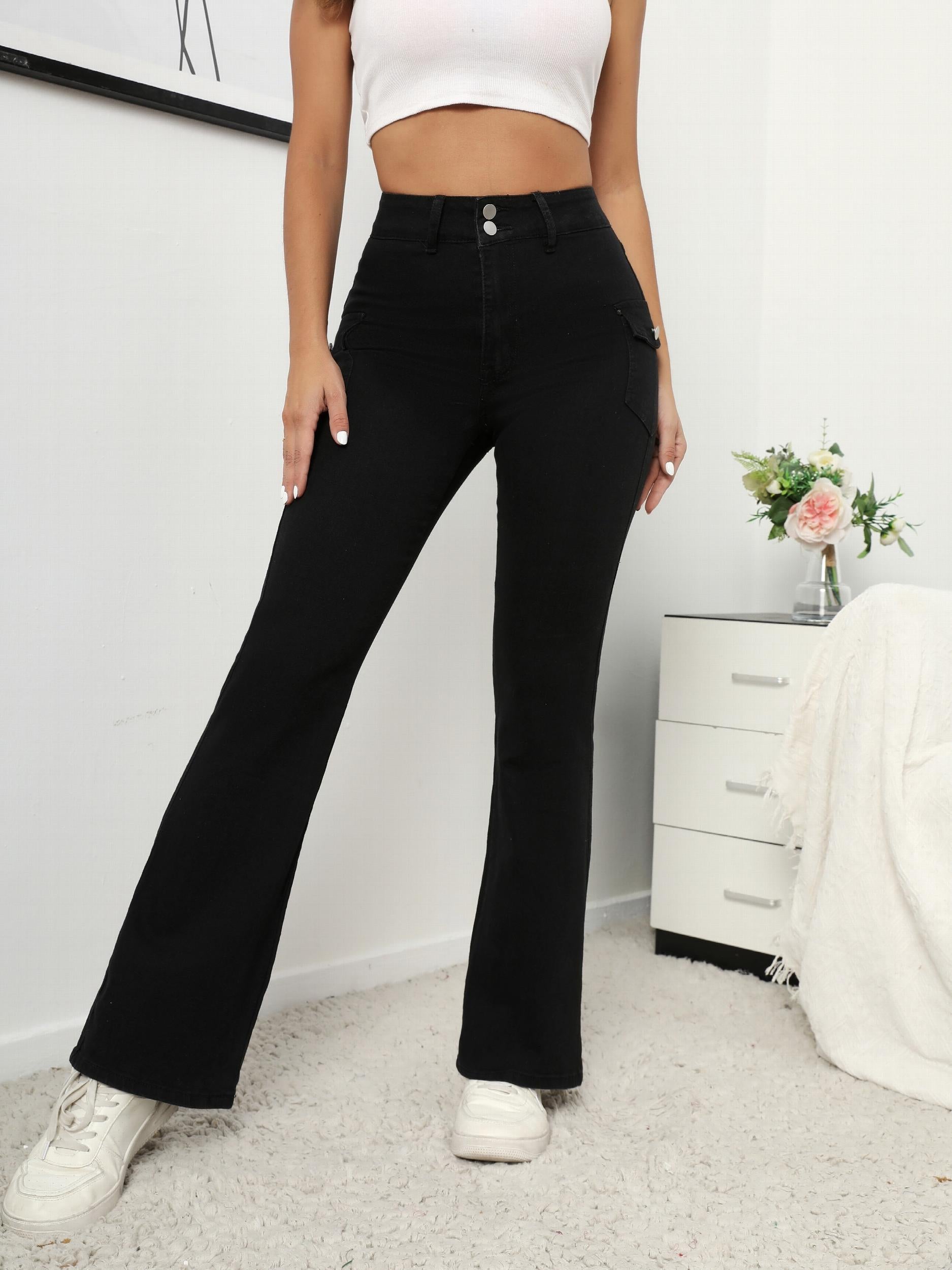 High Waist Flap Pockets Flared Legs Denim Pants