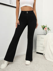 High Waist Flap Pockets Flared Legs Denim Pants