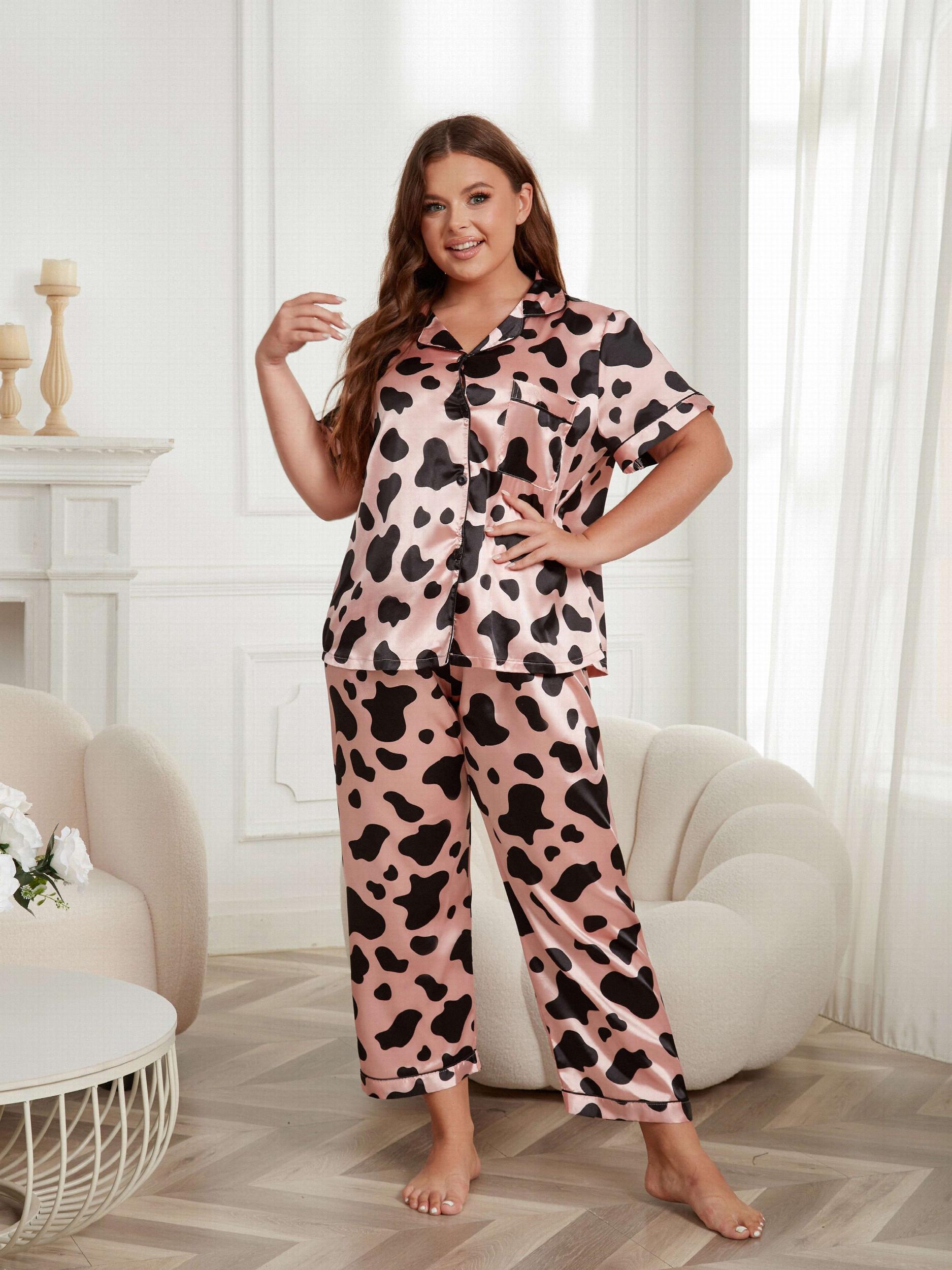 Satin Cow Print Pajamas Set Short Sleeve Button Up Shirt & Pants